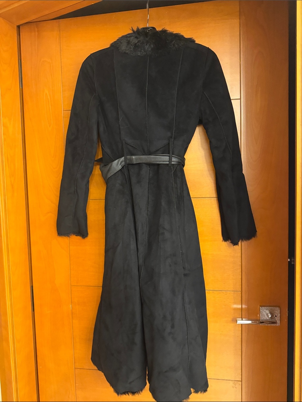 Long Black Faux-Shearling Trench Coat with Belt - Picture 2 of 3